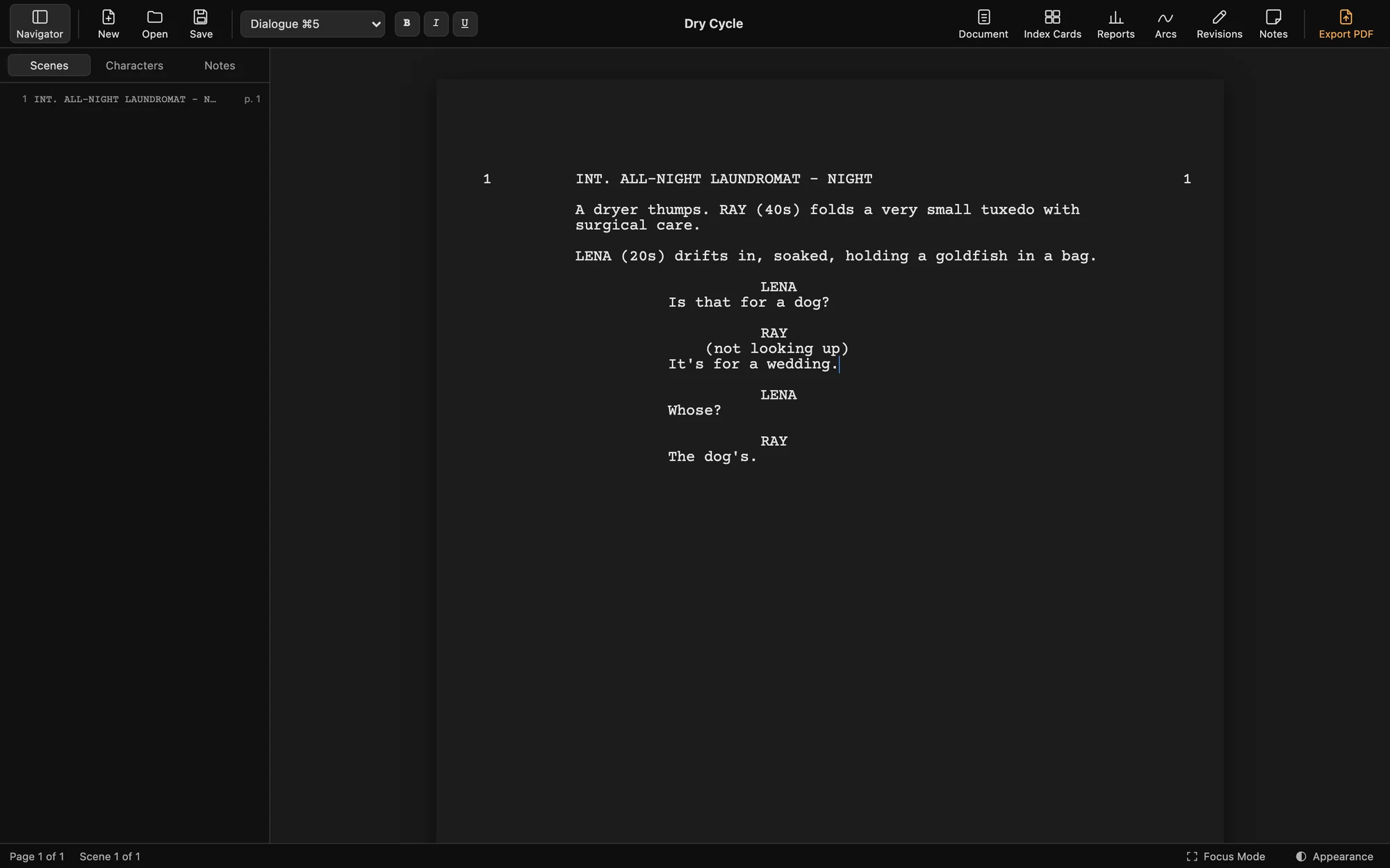 Spec in the Original Dark theme with the scene list open.